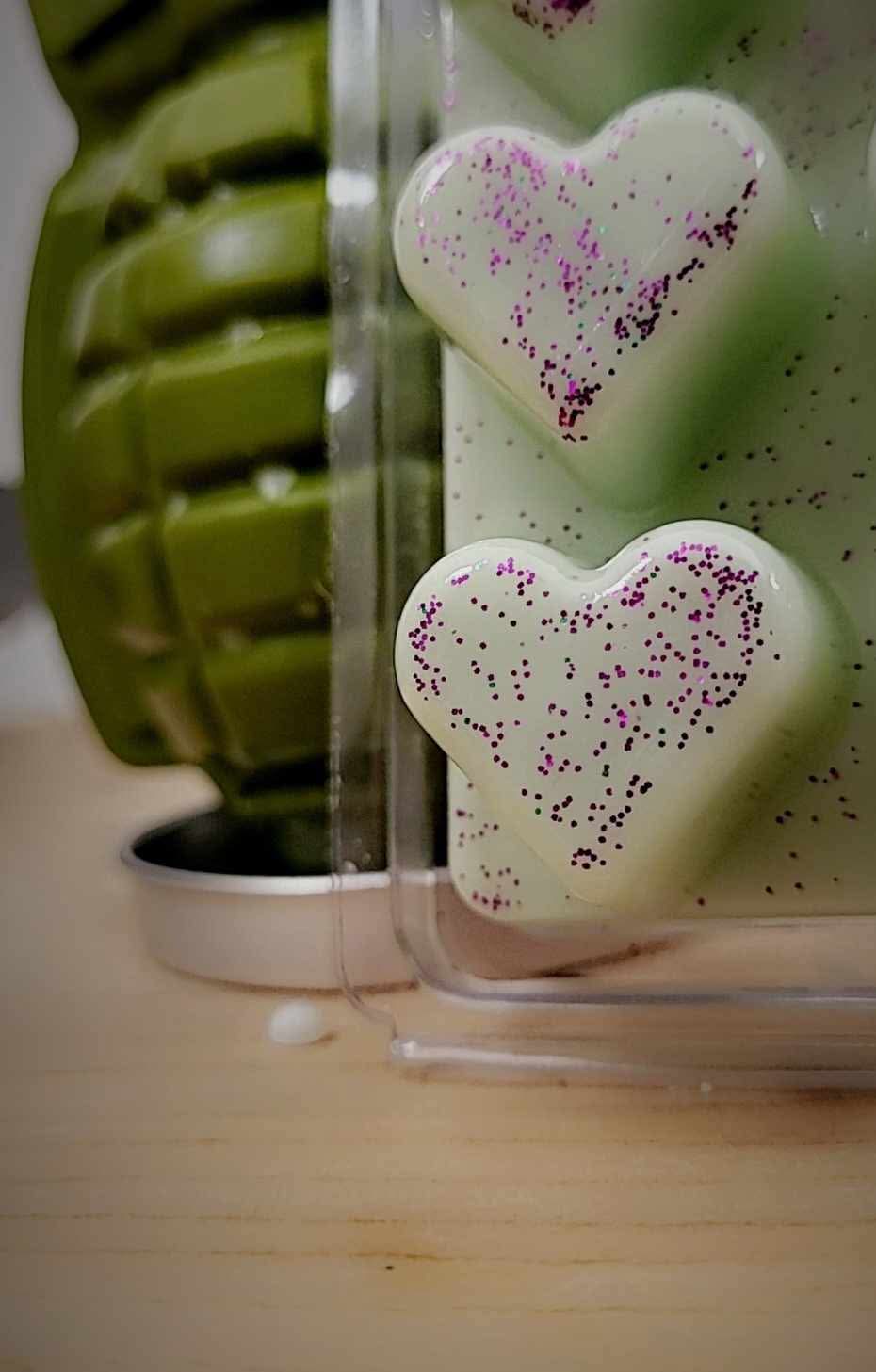 Heart-shaped white wax melts with purple detail